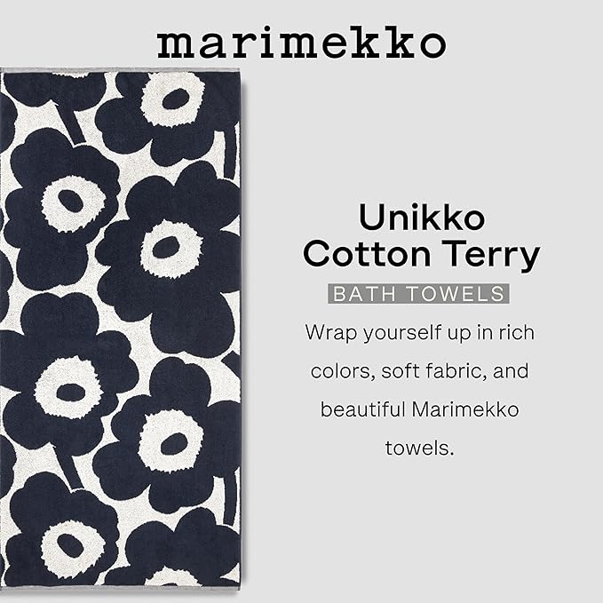 MARIMEKKO Unikko Terry Cotton Bath Towel (Dark Blue) – Floral Patterned Bath Towels – 59 in x 28 in