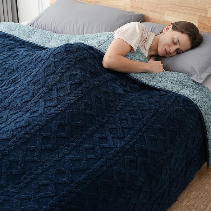 Sherpa Fleece Adult Weighted Blanket Great for Sleep, 15 lbs Dual Sided Soft Fuzzy Heavy Blankets for Couch Bed Sofa, Cozy Warm Fluffy Jacquard Throw for Winter (Navy Blue, 60" x 80", 15 Pounds)