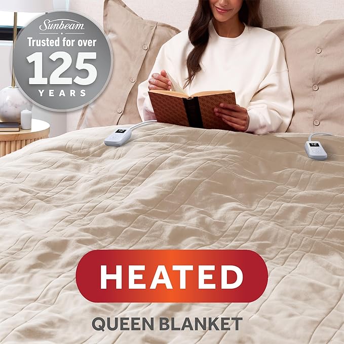 Sunbeam Royal Posh Velvet Heated Electric Blanket Queen Size, 90" x 84", 12 Heat Settings, 12-Hour Selectable Auto Shut-Off, Fast Heating, Machine Washable, Warm and Cozy, Champagne