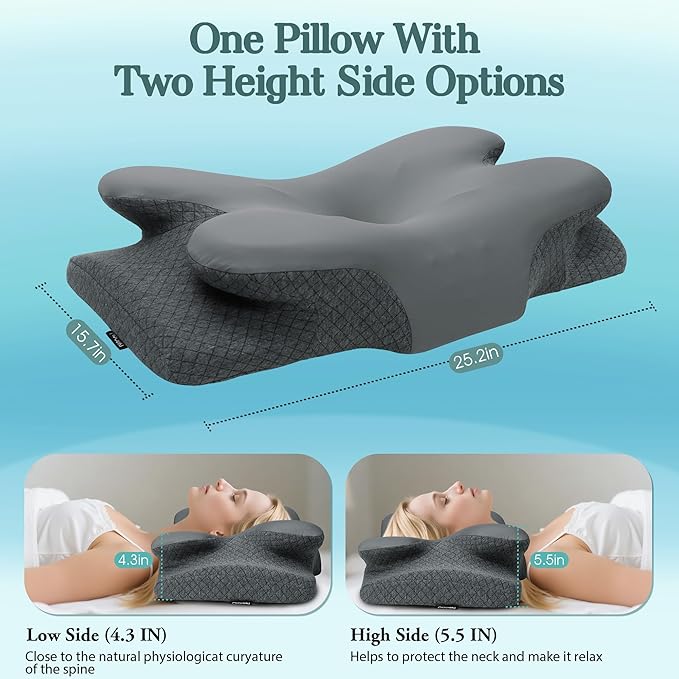 Cervical Neck Pillow for Sleeping,Memory Foam Pillows for Neck Pain Relief,Ergonomic Neck Support Contour Pillow for Side Back Stomach Sleepers,Orthopedic Breathable Pillowcase(Dark Grey)