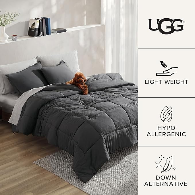 UGG Full/Queen Comforter Set with 2 Pillow Shams, Lightweight Down Alternative Blanket, Reversible Cozy Warm All Season Washable, Hypoallergenic Bedding Set, Charcoal Grey (Leonora)