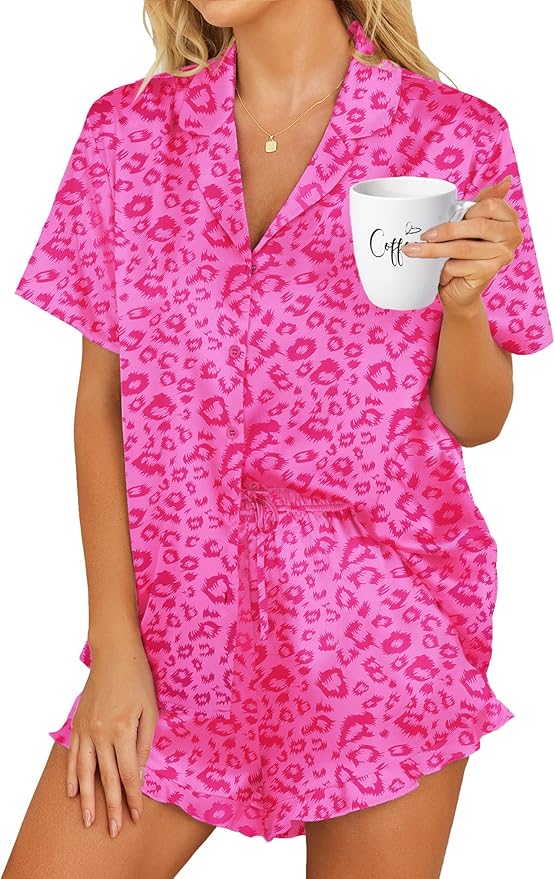 HOTOUCH Womens Satin Pajamas Set Button Down 2 Piece Silk Pjs Shorts Set Ruffle Lingerie Notch Collar Sleepwear