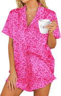 HOTOUCH Womens Satin Pajamas Set Button Down 2 Piece Silk Pjs Shorts Set Ruffle Lingerie Notch Collar Sleepwear