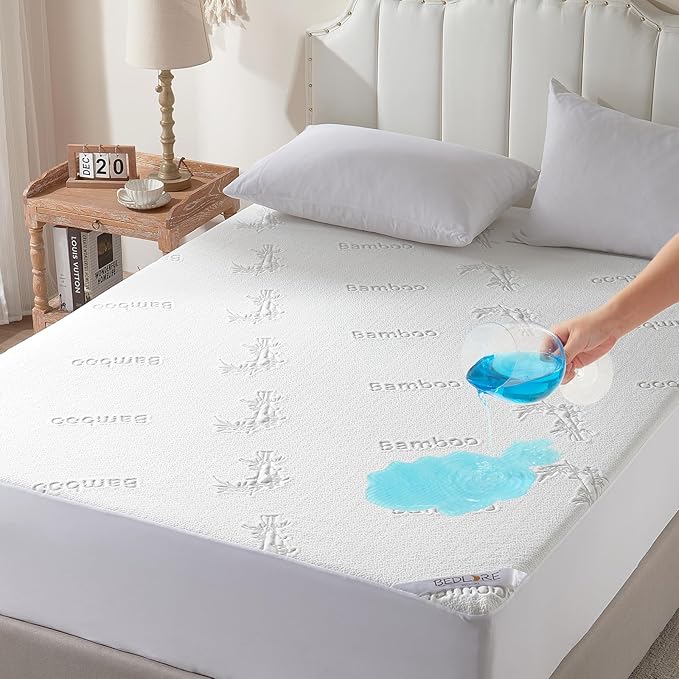 BEDLORE Queen Size Waterproof Mattress Protector Viscose Derived from Bamboo, Soft Mattress Cover Fitted with Deep Pocket 6"-18", Breathable & Cooling Noiseless Mattress Pad, Machine Washable(White)