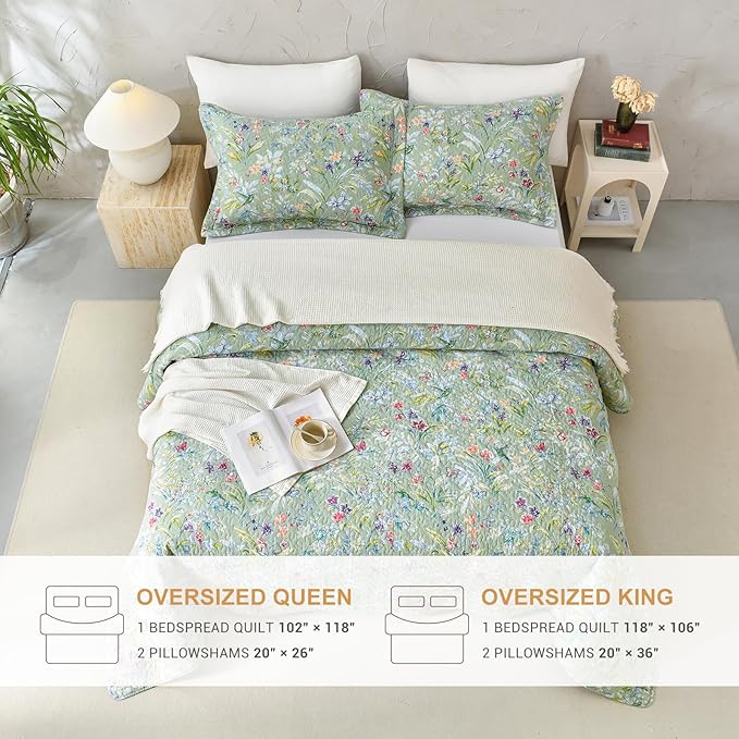 Lady Ann 100% Cotton Floral Oversized Queen Quilt Set - Green Flower Bird Butterfly Pattern Print Quilted 102x118 Bedspread & Coverlet Set, 3 PCS Lightweight Extra Soft Queen Bedding Sets All Season