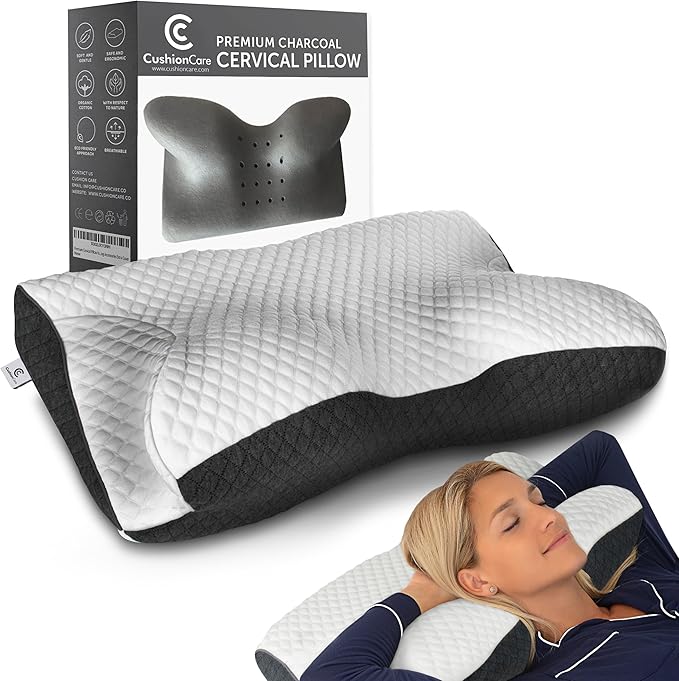 Charcoal Cervical Neck Pillow for Pain Relief Sleeping – Ventilated Memory Foam - Orthopedic Contour Pillow for Side, Back, Stomach Sleeper - Ergonomic Arm, Neck and Shoulder Support Pillows