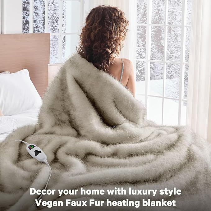 Heated Electric Blanket Twin, Octrot 60"X80" Faux Fur Heating Blanket Luxury Christmas Gifts Heavy Plush with 10 Heats Levels & 8 Hours Auto Off,Super Cozy Warm Fuzzy,Fluffy Decor Winter Warming,Beige
