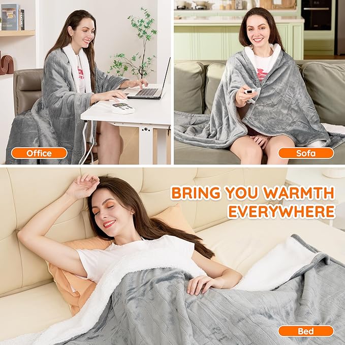 Mia&Coco Electric Blanket Twin （62"x84"） Flannel Heated Blanket, 10 Heat Levels, 10-Hour Auto-Off, Fast Heating, Overheat Protection, Machine Washable, Soft Heating Blanket for Home and Office - Gray