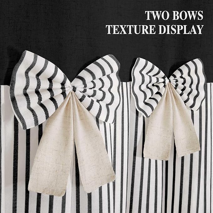 Farmhouse Shower Curtain Linen Blcak Bow Woven Fabric Country Rustic Western, Pleated Black Stripe 72" W x 72" L