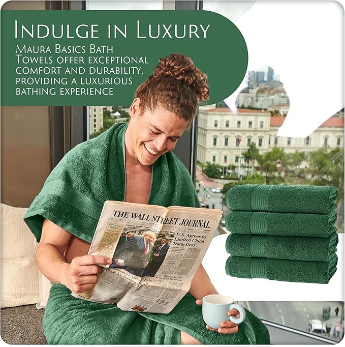 MAURA Basics Performance Bath Towels 100% Turkish Cotton with Hook Loops. Extra Large Luxury Absorbent Plush Towel Sets for Bathroom, Daily Use American Standard Size 27”x54”, Hunter Green