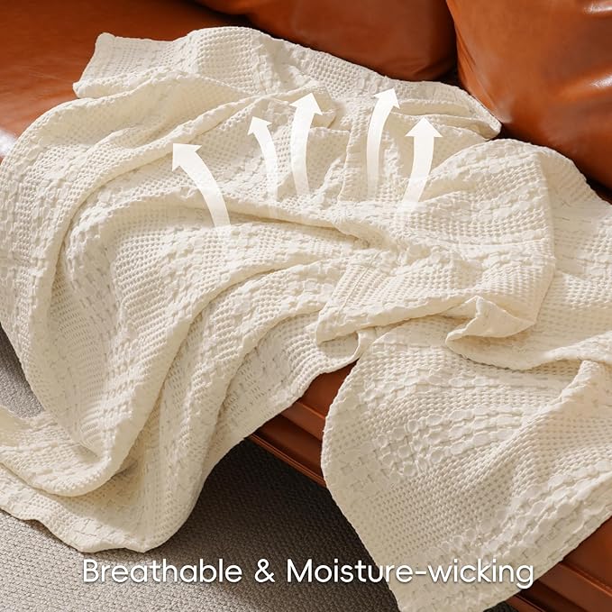 PHF 100% Cotton Waffle Weave Blanket King Size for Bed, Soft Lightweight & Breathable, All-Season Comfort, Luxury Aesthetic Woven Bedding for Home Decor, 108"x90", Natural