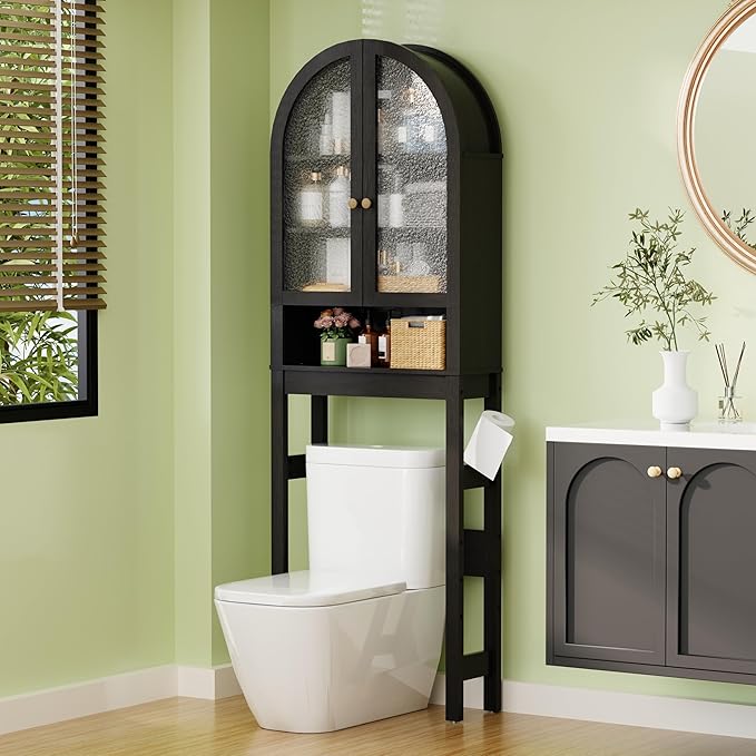Over The Toilet Storage Cabinet, 23.7”W Modern Storage Cabinet Over Toilet with Rattan Doors, Arched Freestanding Over Toilet Rack with Adjustable Shelf for Bathroom, Dark Brown