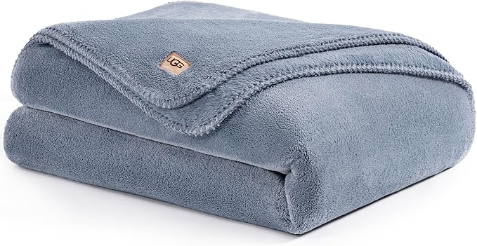 UGG Plush Twin Blanket, Soft Cozy Fleece Blanket for Bed, Luxury Fluffy Oversized Throw for Couch, Washable Hypoallergenic Dorm Essentials, 66" x 90", Denim Blue (Whitecap)