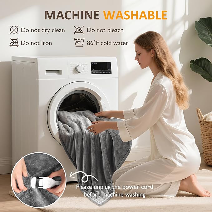 SUNVIVI Heated Throw, Electric Blanket Throw 50" x 60", Double-Layer Flannel with 4 Heating Settings, 4 Hours Auto Off, 5 Years Warranty, ETL Certified, Machine Washable, Grey