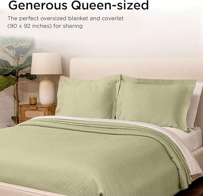 Threadmill Luxury Cotton Blankets for Queen Size Bed | All-Season 100% Cotton Queen Size Blanket | Criss Cross Cozy Lightweight, Soft Breathable Coverlet fits Full Size Bed, 90x92 | Sage Green