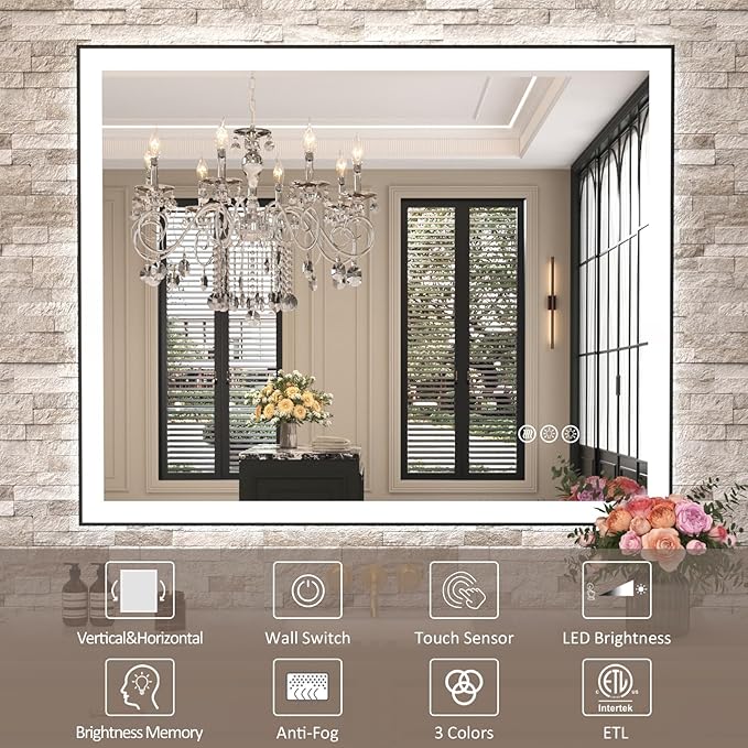 Amorho 60" X36" LED Bathroom Mirror with Black Frame, Front Light and Backlit(Controlled Separately), Stepless Dimmable, Anti-Fog, Shatter-Proof, 3 Colors, Memory