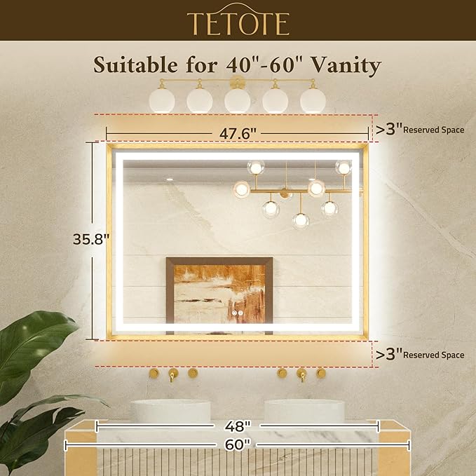 TETOTE 48 x 36 Bathroom LED Mirror Brushed Black Metal Frame Frontlit & Backlit Vanity Mirror Stepless Dimmable Anti-Fog 3 Colors White/Warm/Natural Light up Vanity Wall-Mounted