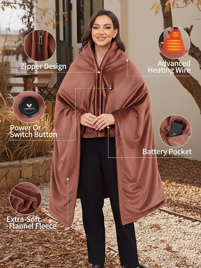 Electric Heated Blanket Battery Operated, Portable Heated Shawl for Neck and Shoulders and Back, Heating Blanket with Zipper and Pockets, 20000mAh, 3 Heating Levels, up to 8 Hours