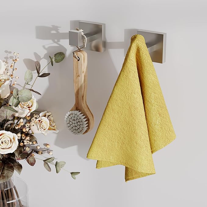 Ruacq Towel Hooks for Bathrooms, 2pcs Square Base Robe Coat Clothes Hook Wall Mount, SUS 304 Stainless Steel Wall Hooks for Hanging, Heavy Duty(Brushed Nickel)