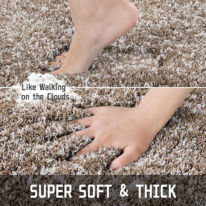 Yimobra Bathroom Rugs Non Slip Washable, Ultra Soft and Water Absorbent Bath Mats, Plush Fluffy Shower Mat Outside, Microfiber Thick Matts for Bathroom Floor/Sink, 24x17, Light Brown and White