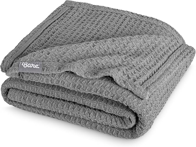 Bare Home Grey Waffle Blanket, Throw Size 44Wx66L, 100% Cotton, Soft & Breathable for All Seasons, Lightweight, Perfect for Layering Bed, Sofa & Couch (Throw/Travel, Grey)