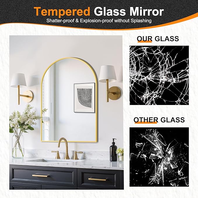 Delma Arched Bathroom Mirror, 20"x30" Wall Mounted Vanity Mirror for Bedroom, Living Room and Entryway, Gold