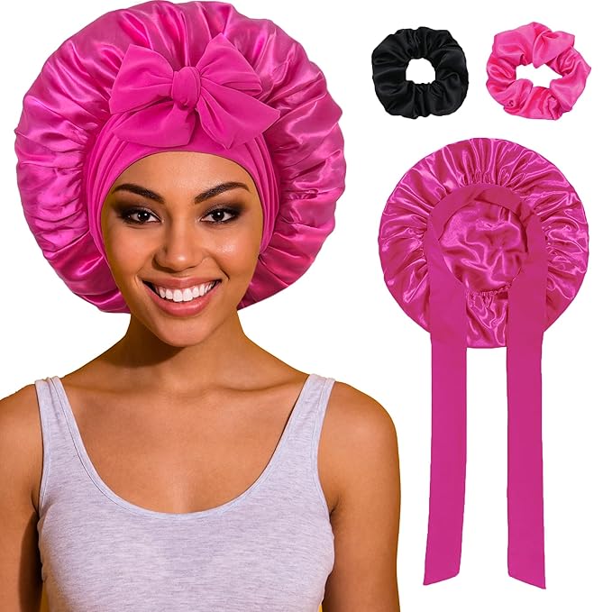 Bonnet with Tie Band, Satin Hair Silk Bonnet for Sleeping Women, Sleep Bonnets for Women, Double Layer Sleep Cap for Curly Hair Braids