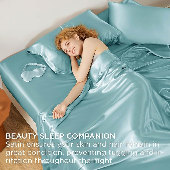 Bedsure Satin Sheets Full Size - 4 Piece Silky Bedsheets with 15 Inches Deep Pocket Fitted Bedsheet,1 Flat Sheet, 2 Satin Pillowcases, Good for Hair & Skin (Full, Blue)