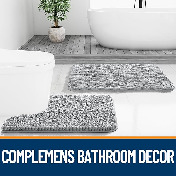 OLANLY Bathroom Rugs 24x16, Extra Soft Absorbent Chenille Bath Rugs, Rubber Backing Quick Dry, Machine Washable Bath Mats for Bathroom Floor, Tub and Shower, Home Decor Accessories, Light Grey