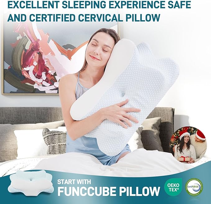 Cervical Neck Pillow for Sleeping, Dual Height Memory Foam Pillow for Neck Pain Relief, Ergonomic Contour Pillow for Side, Back & Stomach Sleepers – Cooling Washable Cover (Blue White)