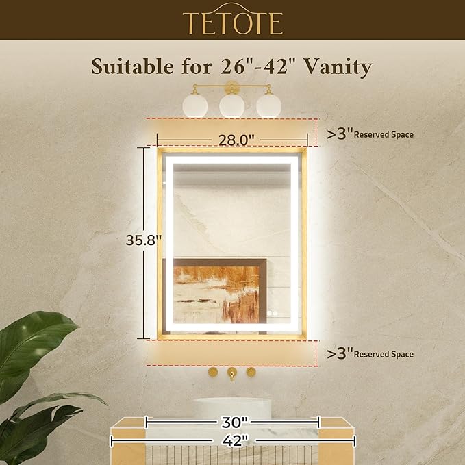 TETOTE 28 x 36 Bathroom LED Mirror Brushed Black Metal Frame Frontlit & Backlit Anti-Fog Stepless Dimmable 3 Colors White/Warm/Natural Mirror with Lights Wall-Mounted