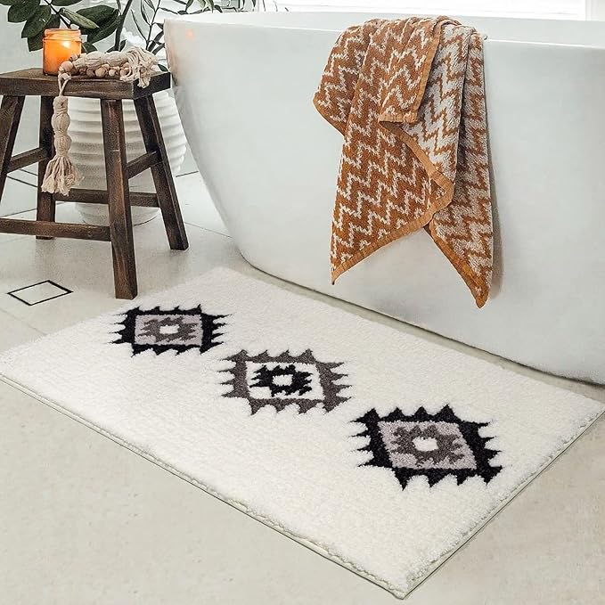 DEXDE Bathroom Rugs Boho Moroccan Bath Rug 20x32 Inches - Geometric Non-Slip Quick Dry Bath Mat, Black White Machine Washable Absorbent Soft for Bathroom, Neutral Decor