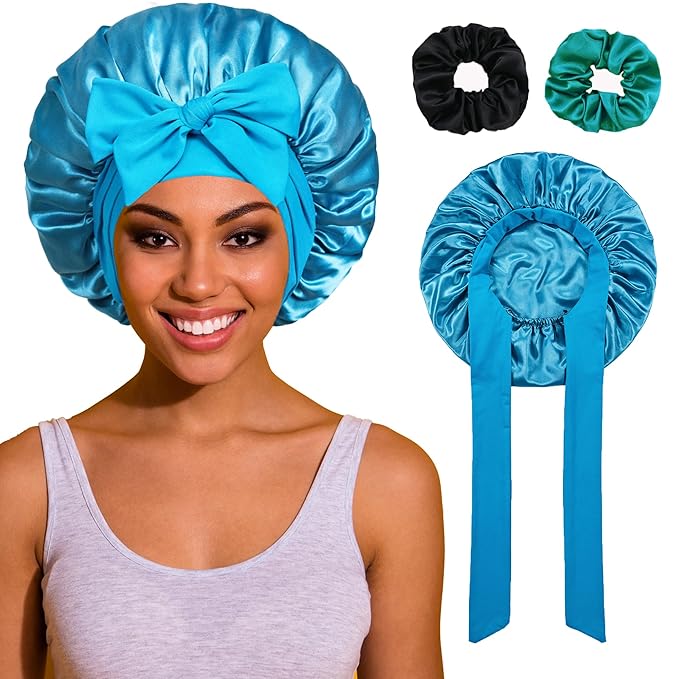 Bonnet with Tie Band, Satin Hair Silk Bonnet for Sleeping Women, Sleep Bonnets for Women, Double Layer Sleep Cap for Curly Hair Braids