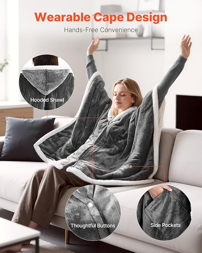 VEVOR Wearable Heated Throw Blanket Electric Shawl, Portable Robe Blanket Hoodie for Women, 5 Heating Levels, 3H Auto Shut-Off, Overheat Protection,Winter for Adult Mom Girlfriend,Machine Washable