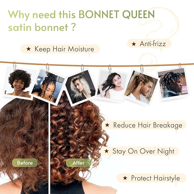 BONNET QUEEN Silk Bonnet for Sleeping Women Satin Bonnet Night Sleep Cap Wrap for Curly Hair with Adjustable Tie Band,Gold