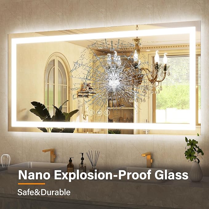 GLSLAND LED Bathroom Mirror - 55"x30" Anti-Fog Lighted Wall Mirrors with Memory Function, Dimmable, Frontlit & Backlit, Horizontally/Vertically, Tempered Glass