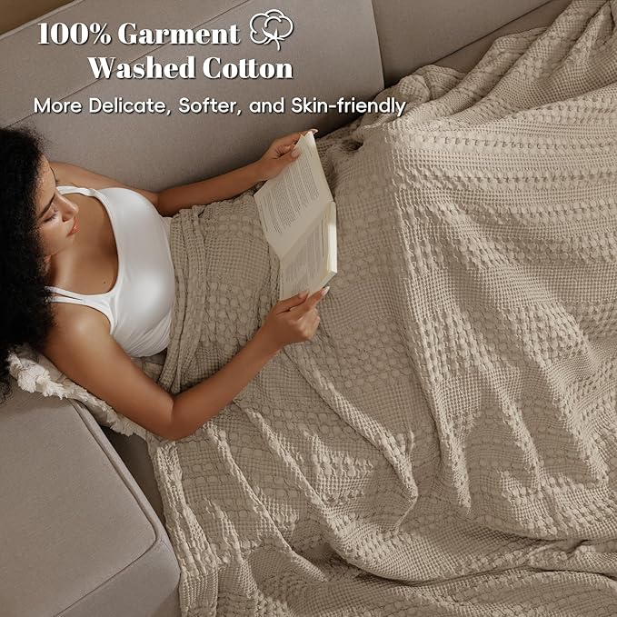 PHF 100% Cotton Waffle Weave Blanket Queen Size for Bed, Soft Lightweight & Breathable, All-Season Comfort, Luxury Aesthetic Woven Bedding for Home Decor, 90"x90", Taupe
