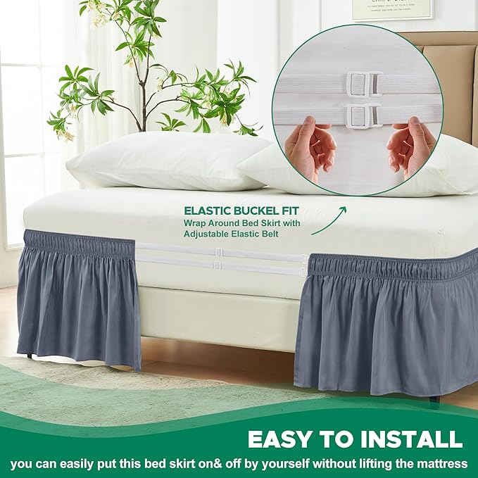 Biscaynebay Wrap Around Bed Skirts for King & Cal King Beds 11" Short Drop, Dark Grey Adjustable Elastic Dust Ruffles Easy Fit Wrinkle Resistant Silky Luxurious Fabric Machine Washable