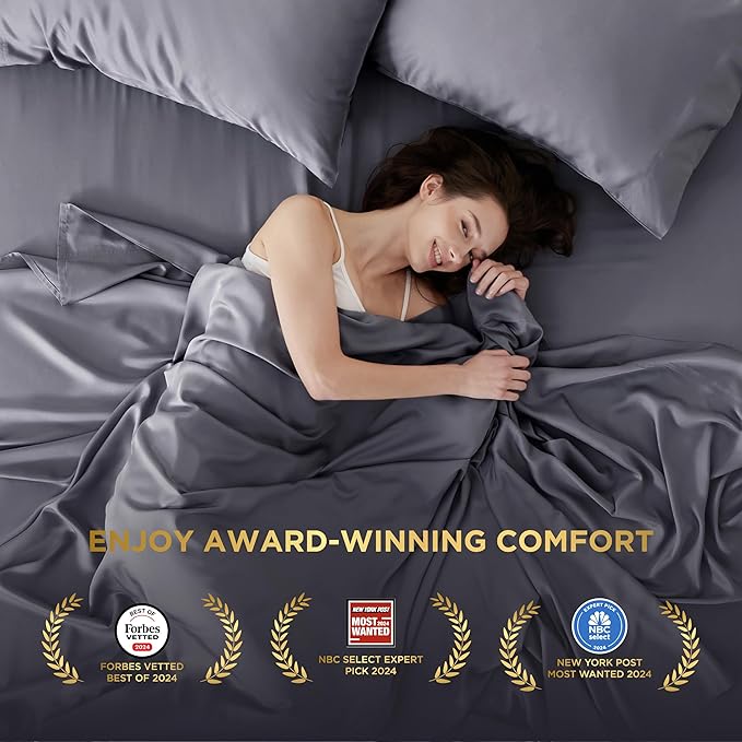Bedsure Twin XL Sheet Set Dorm Bedding, Cooling Sheets Twin Extra Long Sheets, Rayon Derived from Bamboo, Deep Pocket Up to 16", Hotel Luxury Silky Bedding Sheets & Pillowcases, Dark Grey
