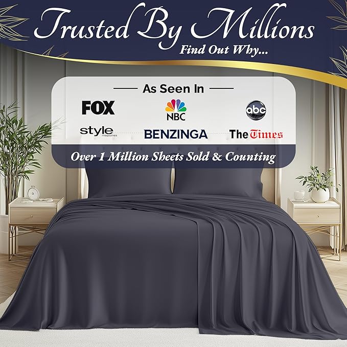 DECOLURE 100% Viscose Derived from Bamboo Sheets Queen Size 4pcs - Ultra Soft & Luxuriously Cooling, 17" Deep Pocket, Double Stitching, Perfect for Hot Sleepers - Queen Bed Sheets (Grey)