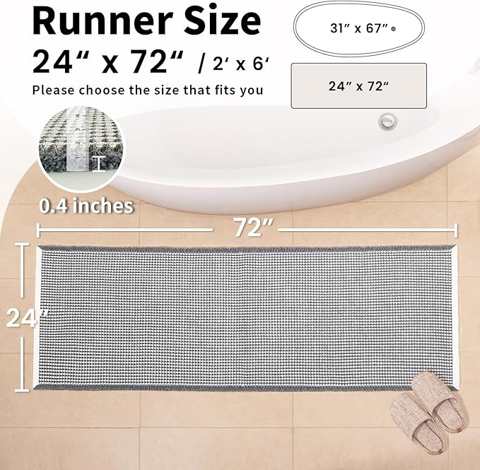 Waffle Runner Bath Mat - Long Boho Bathroom Rugs Non Slip Washable, Super Absorbent & Quick Dry, Soft Bath Mat Farmhouse Bathroom Decor, 24'' x 72'', Dark Grey and White