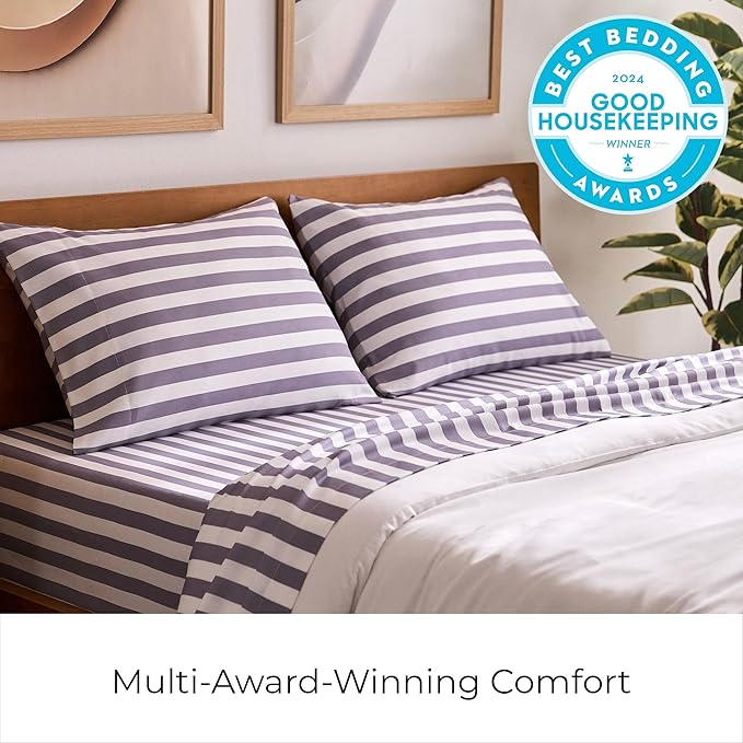 Mellanni Full Sheets Set - 4 PC Iconic Collection Bedding - Hotel Luxury, Extra Soft, Cooling Bed Sheets - Wrinkle, Fade, Stain Resistant (Full, Oxford Stripe Hazy Lilac)
