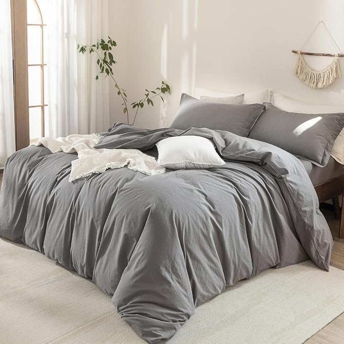 Dark Grey Duvet Cover California King Size Bedding Set Cover 100% Washed Cotton Duvet Cover with Zipper Closure and 2 Pillowcases, 104inch x 98inch