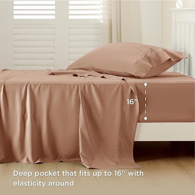 Bedsure Cooling Sheets Twin XL, Rayon Derived from Bamboo, Breathable & Soft Twin XL Sheet Sets, Deep Pocket Up to 16 Inches, Hotel Luxury Silky Dorm Bedding for Hot Sleepers, Khaki