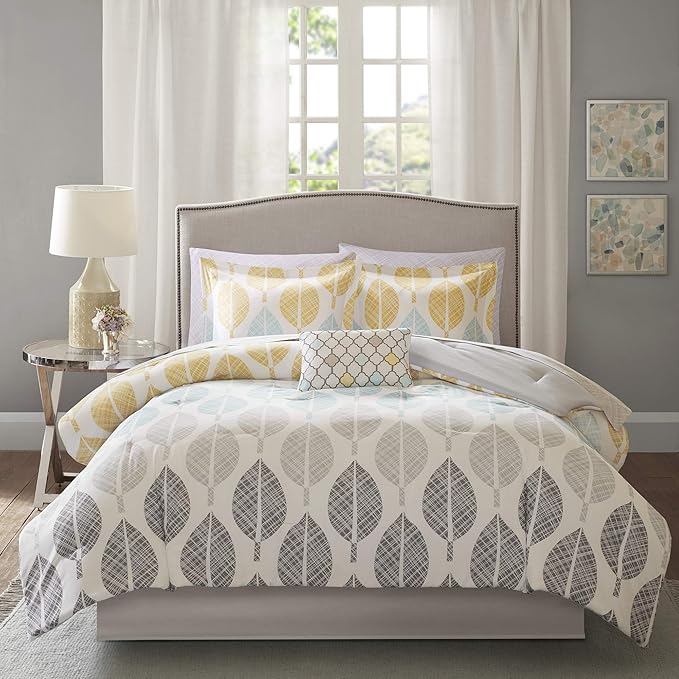 Madison Park Cozy Bed in a Bag Comforter, Vibrant Color Design All Season Down Alternative Cover with Complete Sheet Set, Queen (90 in x 90 in), Leaf Yellow/Aqua
