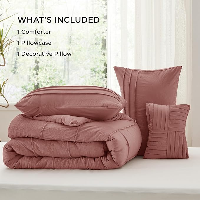 Bedsure Twin Comforter Set - 3 Pieces Pinch Pleat Bed Set, Dusty Pink Boho Bedding for All Season, 1 Soft Comforter, 1 Pillowcase, 1 Decorative Pillow
