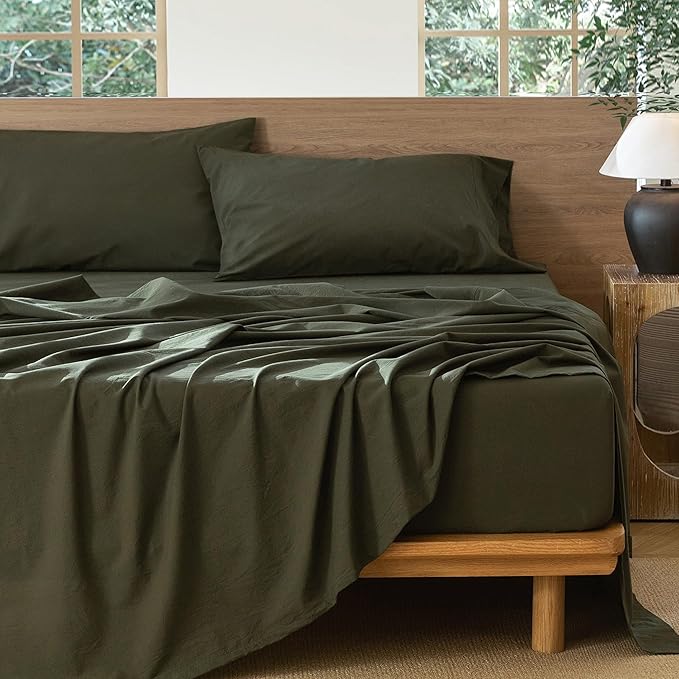 MooMee Bedding Sheet Set 100% Washed Cotton Linen Like Textured Breathable Durable Soft Comfy (Solid Olive Green, King)
