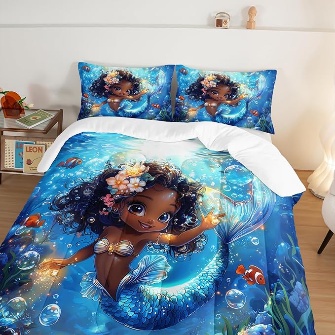 Black Little Mermaid Pattern Full Comforter Set,Underwater World Ocean Themed Bedding Sets for Kids Toddlers Girls Boys Room Decor,Princess Bedding with 2 Pillowcases.