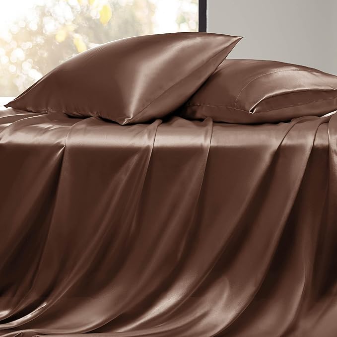 Bedsure Satin Sheets Full Size - 4 Piece Silky Bedsheets with 15 Inches Deep Pocket Fitted Bedsheet,1 Flat Sheet, 2 Satin Pillowcases, Good for Hair & Skin (Full, Coffee)
