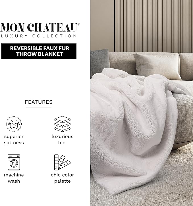 Mon Chateau 60" x 70" Embrace Foldover Faux Fur Throw, Plush Throw with 6cm Foldover for Couch, Sofa, or Bed, Ultra Soft Blanket for Sleeping or Home Decor, Moonlit Cream